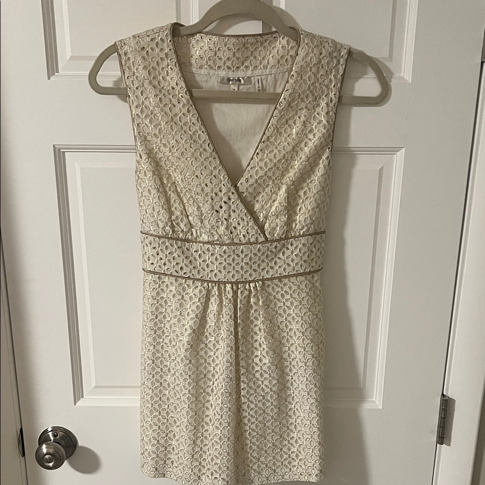 Tyler Boe ivory linen blend sleeveless baby doll tunic gold metallic eyelet 6